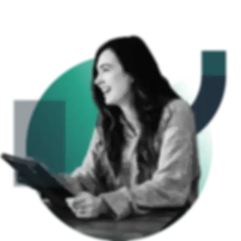 A happy woman holding a tablet